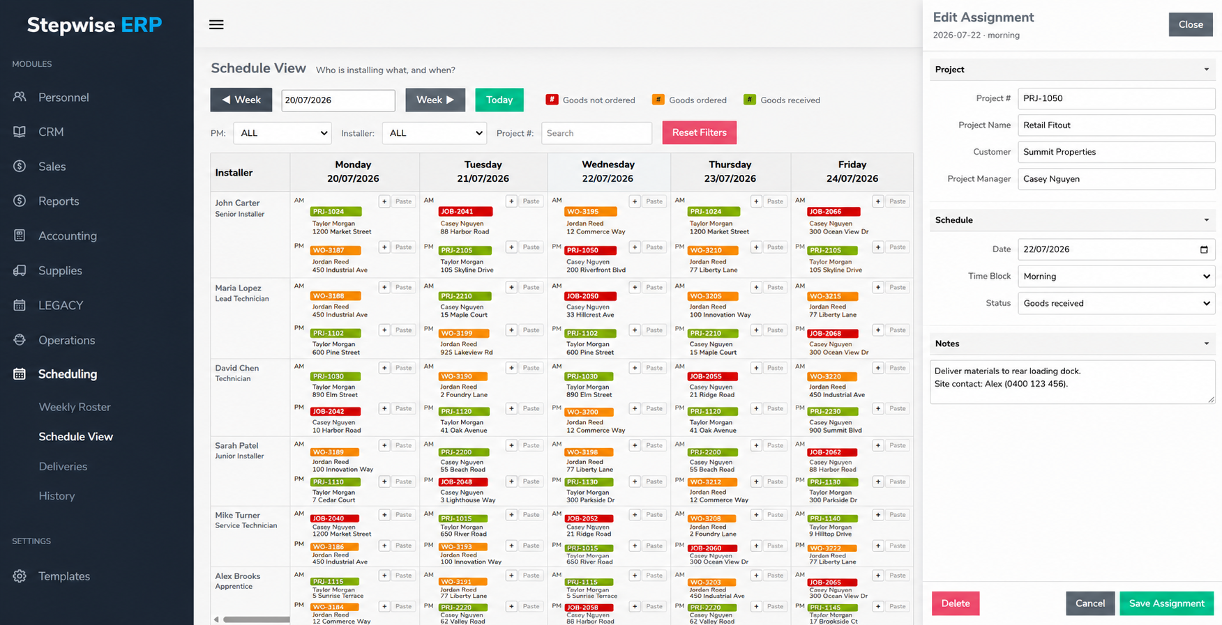 StepwiseERP scheduling interface showing installers, weekly assignments, project statuses, and assignment details
